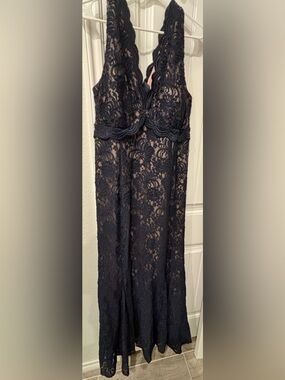 Night Way Collections Navy Lace Maxi Dress with Scalloped Waist